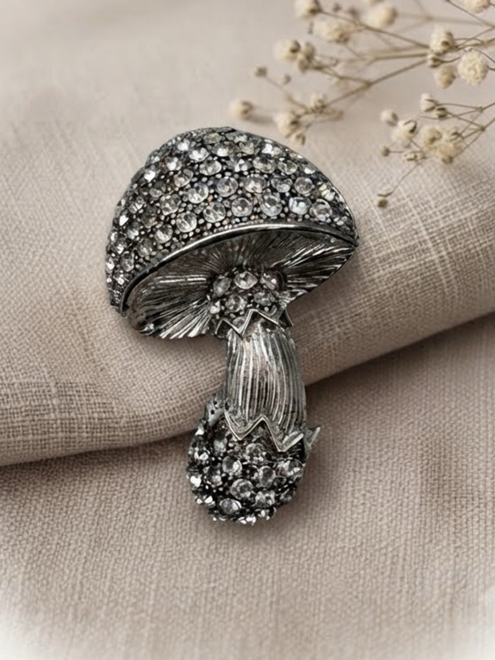 Mushroom Brooch Vintage Silver Tone Pave Rhinestone